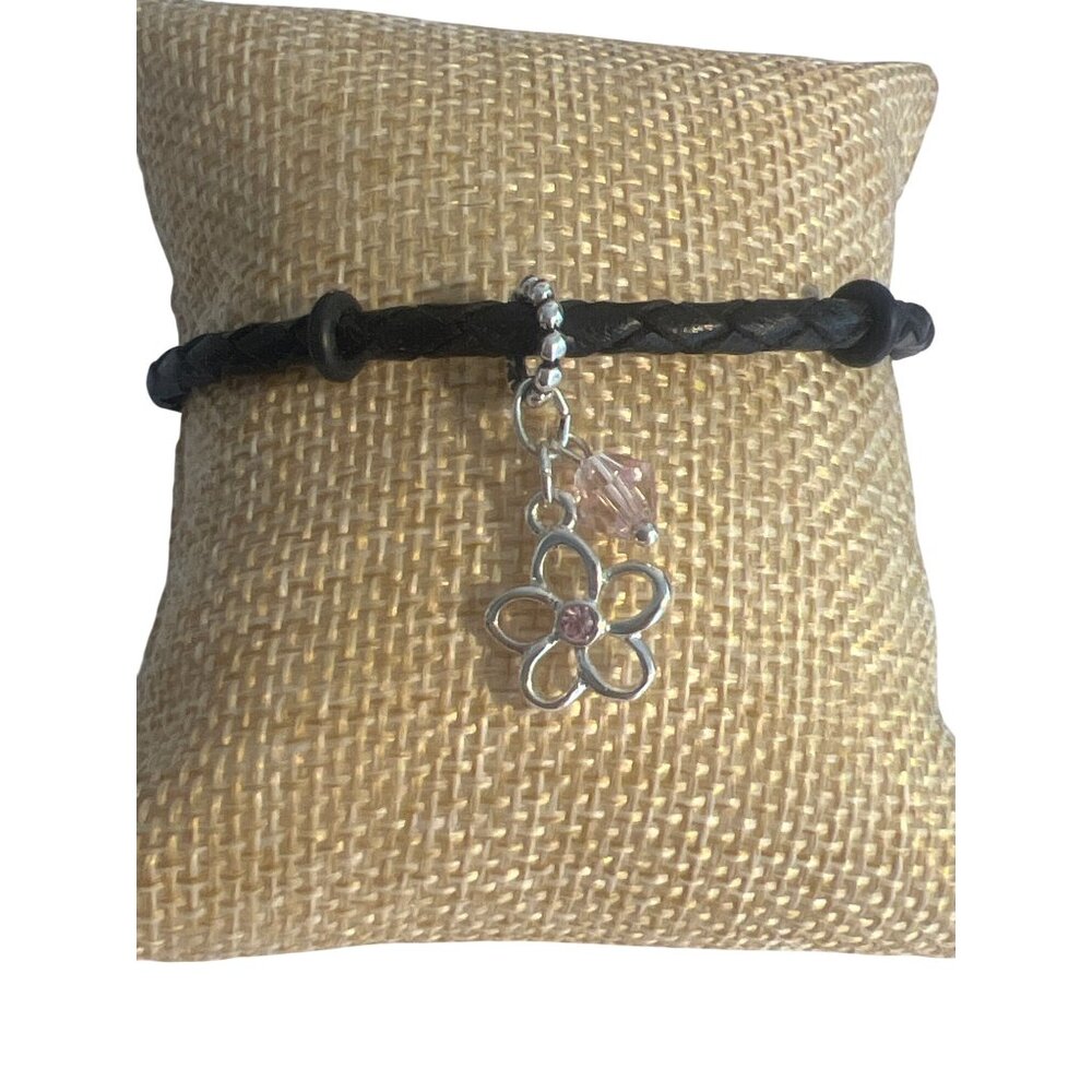 Davinci Black Braided Leather Bracelet Silver Plated Flower Pink Crystal Charm